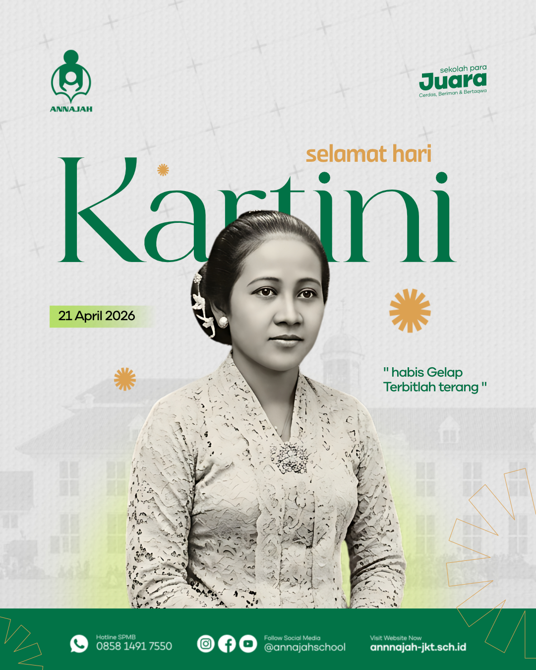 Perempuan hebat lahir dari mimpi yang diperjuangkan.
Semangat Raden Ajeng Kartini terus hidup dalam langkah perempuan masa kini berani, cerdas, dan berdampak.

Selamat Hari Kartini
Mari terus berkarya dan membawa perubahan untuk Indonesia.